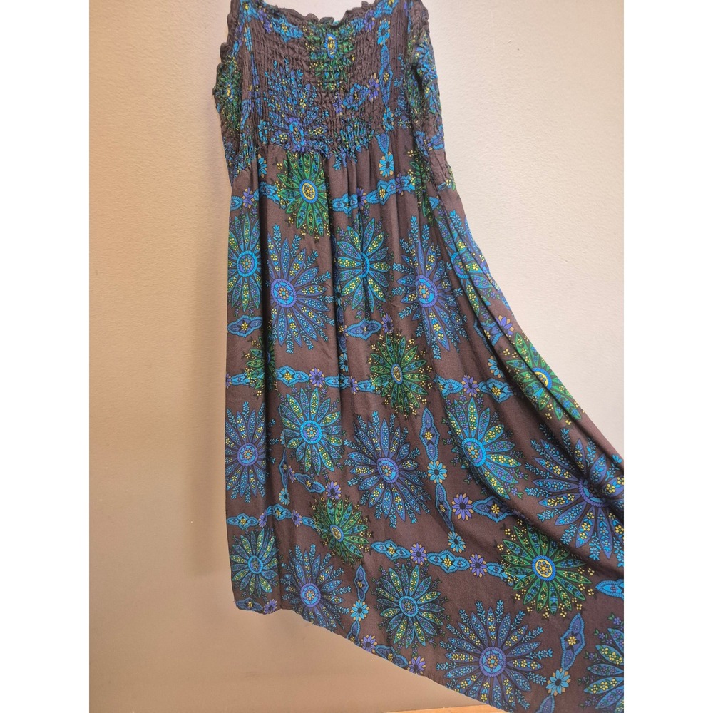 Women's L Boho Floral Smocked Wood Swim Cover up Beaded Strappy Sundress Rayon‎